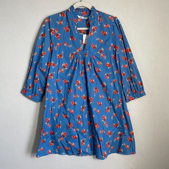 Zara Dress Women M Blue Floral Emma Mini A Line 3/4 Sleeve Boho Cottagecore NEW - Picture 1 of 9